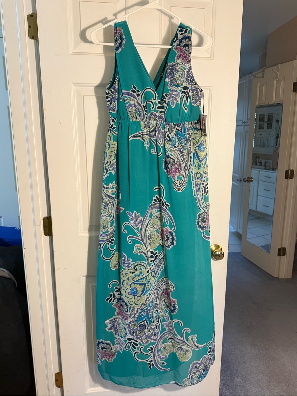 Valerie Bertinelli Teal Paisley V-Neck Maxi Dress